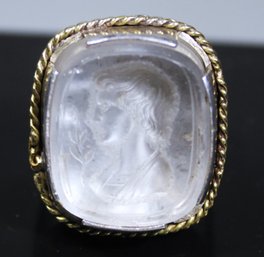 Sterling Silver Large Ring Having Fine Intaglio Crystal Stone Wax Stamp Portrait Size 7.5
