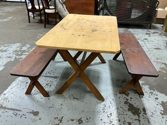 Vintage Small Wood Picnic Table With 2 Benches