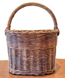 A Large Antique Wicker Basket, Leather Ligatures On Handles