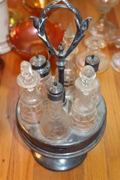 Cruet Set Of 6 Glass Cruets In Silver Plated Holder, 16 Tall