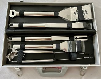 New In Metal  Carrier Quality Set Of Barbecue Utensils Never Used Or Removed From Carrying Case
