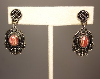 Fancy Sterling Silver Pierced Earrings Having Red Agate Cabochon Stones