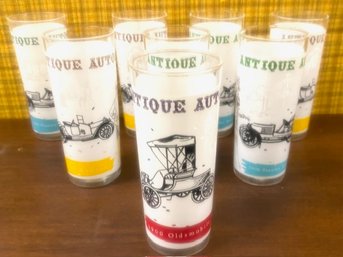 Fantastic Set Of 8 Antique Autos Iced Tea Tumblers By Libbey Glass Co.