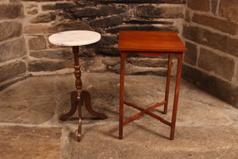 Two Petite  Tables, Marble Top Queen-anne Tripod Table And An Edwardian Style End Table