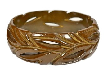 Chocolate Colored Antique Bakelite Plastic Bangle Bracelet Heavily Carved