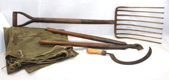 Antique Barn Tools  Pitch Fork  Canvas Bag Etc