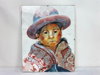 Watercolor Of A Sweet South American Child, Unsigned