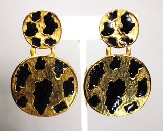 Large Gold Tone 1980s Clip Gold Tone Black Enamel Clip Earrings