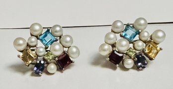 SIGNED RS STERLING SILVER MULTI GEMSTONE PEARL EARRINGS