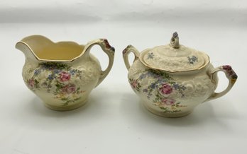 Antique Creamer & Covered Sugar Bowl ~ Crown Ducal Florentine England ~