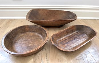 3 Antique Hand Carved Large Wood Bowls, 2 With Iron Details