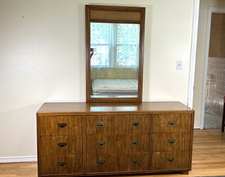 A Vintage Campaign-Style Long Dresser With Attached Mirror By Drexel