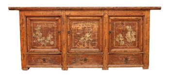 Heavily Distressed Warm Wood 3-Drawer 3-Door Panel With  Creme Flowers  Cabinet With Ring Pulls