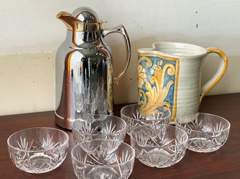 Six Etched Glass Bowls, One Carafe And One Pitcher