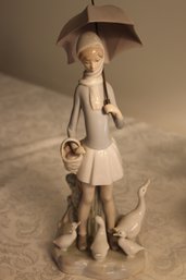 Lladro Girl Carrying Umbrella With Ducks At Her Feet, 11 Tall