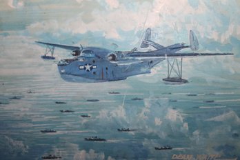 NICE Original Signed Oil Painting On Board WWII US Military Airplane Over Ocean With Ships- 9'x7'