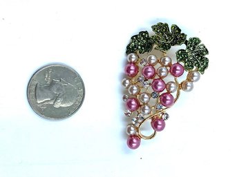 Gold Tone Pink Faux Pearl And Rhinestone Accented Grapes Cluster