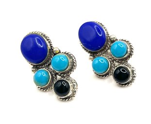 Vintage Sterling Silver Southwestern Multi Blue Color Earrings