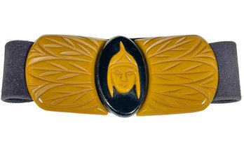 Antique Bakelite Plastic Dual Color Carved Swami Head Large Buckle Repurposed Into Collar