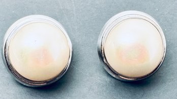 SIGNED LARGE STERLING SILVER MABE PEARL EARRINGS