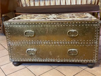 A LARGE BRASS BOUND TWO DRAWER CHEST