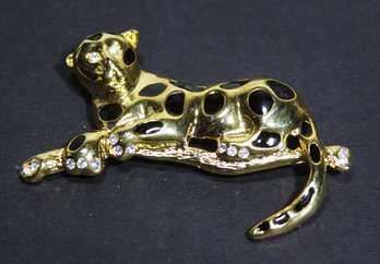 Contemporary Gold Tone Black Enamel Leopard Brooch