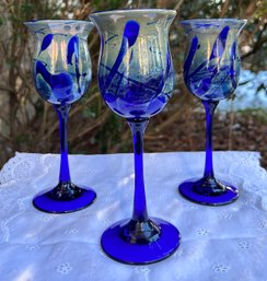 Lot Of 3 Don Gonzalez Signed & Numbered Hand Blown Studio Art Glass Cobalt Blue 8.5' Wine Glasses