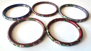 5 Vintage Cloisonne Bangle Bracelets, 1 With Hinge