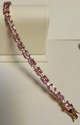 SIGNED FAS GOLD OVER STERLING SILVER PINK WHITE STONE BRACELET 7'