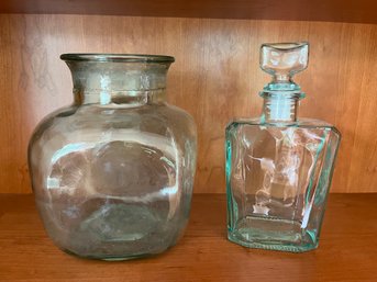 Have To Love Green! Green Glass Decanter Made In Italy And Large Green Glass Jug/vase