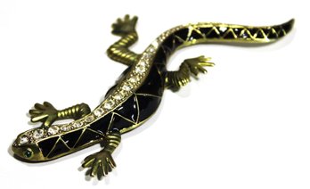 Vintage Goild Tone Black Enamel Rhinestone Lizard Brooch