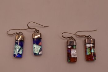 925 Sterling Glass Artisan Earrings Signed 'G' (2 Pairs)