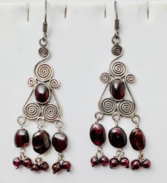 VINTAGE SILVER & GARNET HAND MADE LONG DANGLE EARRINGS