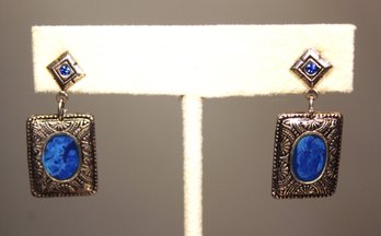 Fancy Sterling Silver And Lapis Stone Pierced Drop Earrings