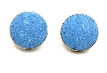 Amazing Mexican Sterling Silver Large Round Blue Speckled Agate Stone Earrings