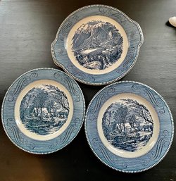 Currier & Ives Cake Plate And 2 Dinner Plates