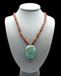 Sterling Silver Gold Stone Beaded Necklace With Large Genuine Turquoise Pendant