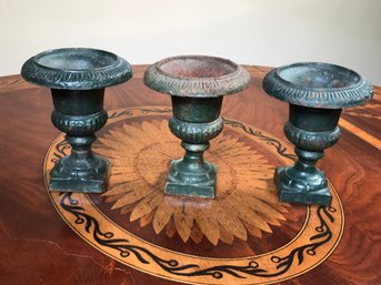 Lot Of Three (3) Fantastic Cast Iron Miniature Victorian Style Urns - Fabulous Old Worn Green Paint - Lovely !