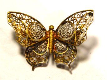 Gold Over Sterling Silver Filigree Butterfly Brooch Pin