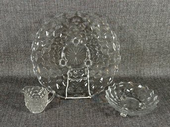 Vintage Fostoria Footed Cake Plate, Sugar & Footed Bowl, American Clear Pattern