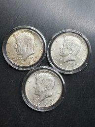 3 Silver Kennedy Half Dollars 1967, 1968-D, 1969-D