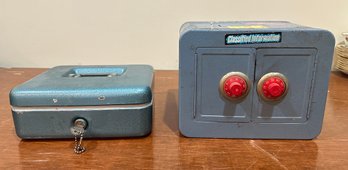 A Blue Metal Box With Key And Vintage Toy Bank Vault Safe Combination Lock Metal Double Door Toy.