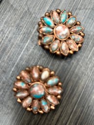 Vintage Atomic Flower Burst Clip On Earrings With Mottled Turquoise Inlay