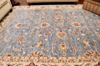 Hand Knotted Persian Wool Rug In Slate Blue, Cranberry, Gold, And Creme