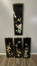 Set Of 4 Black Floral Bird Panels