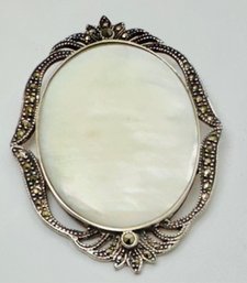 LARGE VINTAGE STERLING SILVER MOTHER OF PEARL & MARCASITE PENDANT