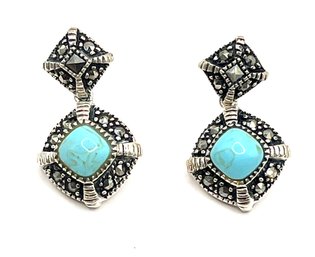 Beautiful Vintage Sterling Silver Marcasite Blue Stone Dangle Earrings