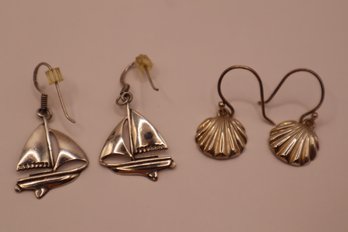 925 Sterling Boat And Shell Earrings (2 Pairs Both Marked)
