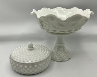 2 Vintage Pieces Milk Glass ~ Westmoreland Paneled Grape Compote & Fenton Candy Dish