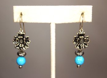 Sterling Silver Floral Dangle Pierced Earrings Having Turquoise Beads